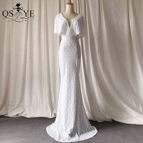 Short Sleeves White Evening Dress Mermaid Sexy V Neck Bead Belt Evening Gown Glitter Elegant Party Dress Bat Sleeves Formal Gown