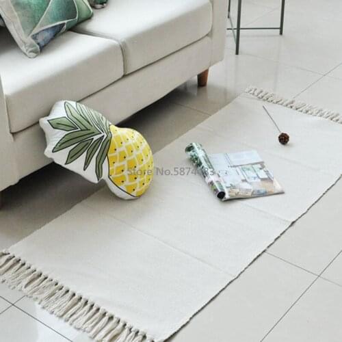 White Cotton Fiber Hand-woven Carpet Bedroom Bedside Blanket Floor Mat Fabric Machine Washable Coffee Table Foot Mat White Blank
