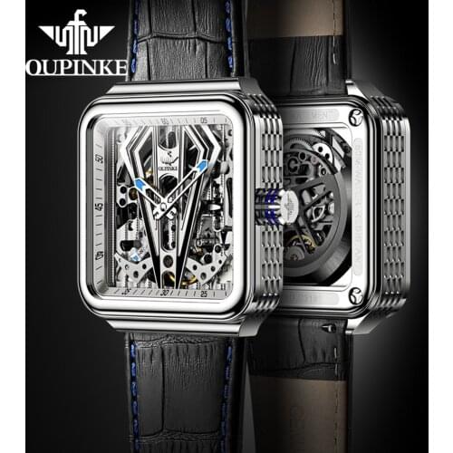 OUPINKE Watch Men Automatic Skeleton Mechanical Watch Steampunk Sapphire glass Square Leather Transparent sports Wristwatch