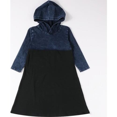 Girls denim dress long sleeves dress girl baby autumn winter hooded children long dress with black kniitted children clothes