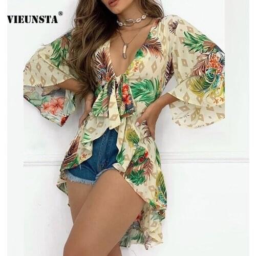 Elegant Irregular Ruffle Slim Blouses Shirts Fashion Vintage Flare Sleeve Tops Blusa Women Sexy Deep V Neck Tie-Up Wrap Shirt XL