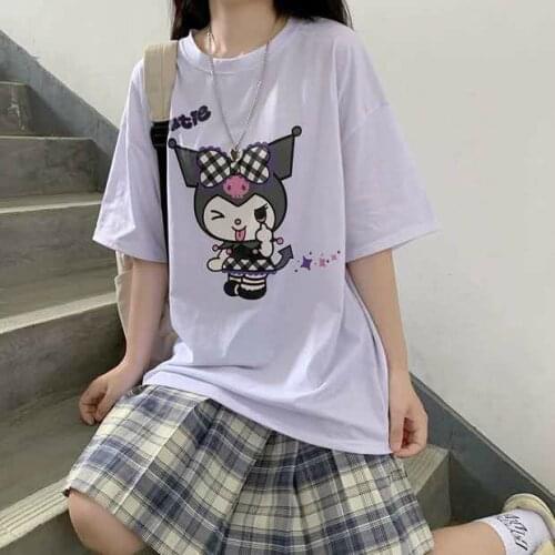 Harajuku Cartoon Cute Rabbit Devil Letters Print T-shirt Women Summer Tee Girl Tops Kawaii Рубашка Женская 2021 Kuromied Clothes
