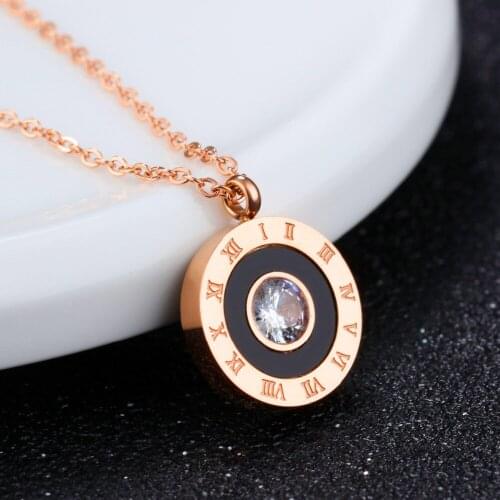 Hot Sale Black Roman Numerals Round Rose Gold Color Titanium Steel Necklaces