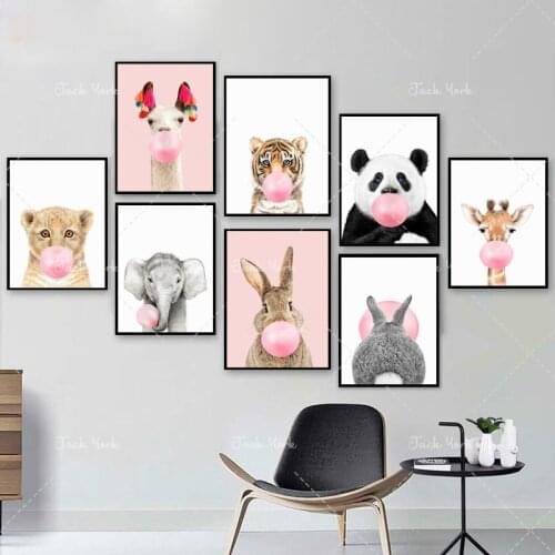 Kawaii Pink Bubble Gum Animal Child Poster Nursery Canvas Print Wall Art Painting Nordic Kids Decoration Picture Baby Room Decor