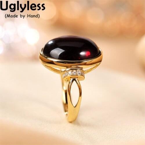 Uglyless New Popular Natural Blood Red Amber Rings for Women Luxury Big Size Gemstones Jewelry Gold Crystals Rings 925 Silver
