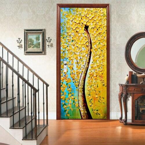 Creative environmental protection 3D oil painting tree door stickers renovation self-adhesive bedroom wall stickers