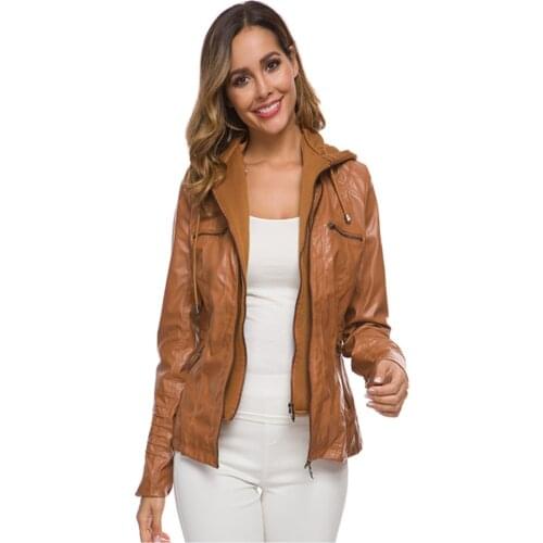 2020 Autumn Winter New Womens Faux Leather Hooded Jacket Zippered Short Slim Motorcycle Jacket Women Coat Outerwear Blusas