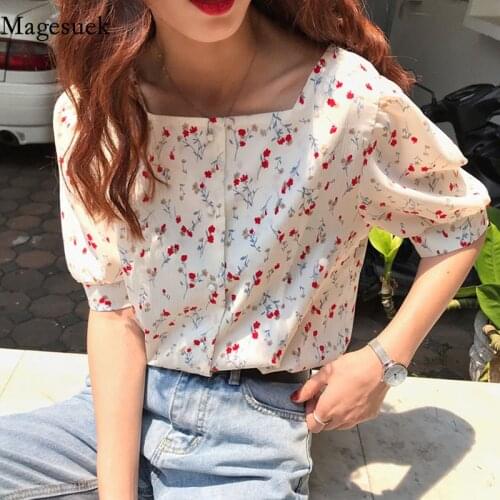 Korean Summer Floral Womens Blouse New Square Collar Print Woman Tops Puff Short Sleeve Sweet Loose Chiffon Shirt Blusas 14355