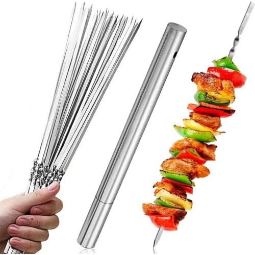21pcs Metal BBQ Skewers With Storage Tube Reusable Grill Stainless Steel Skewers Shish Kebab Flat Forks Outdoor Camping BBQ Tool