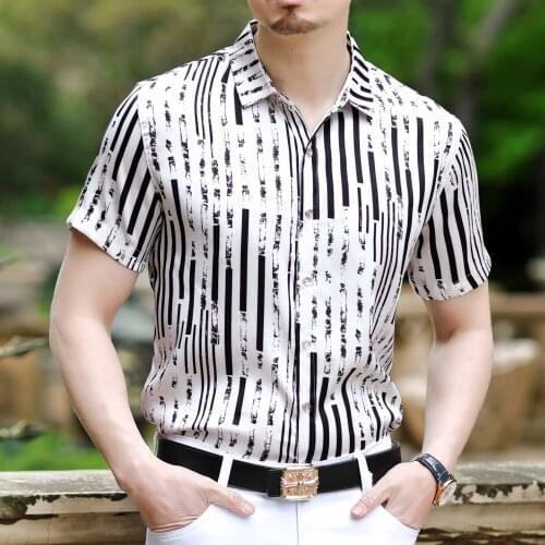 Shirt Men Striped Summer Short Sleeve Work Shirts Night Club Tuxedo 4XL High Quality Fashion Stage Show Dress Retro Shirt Men