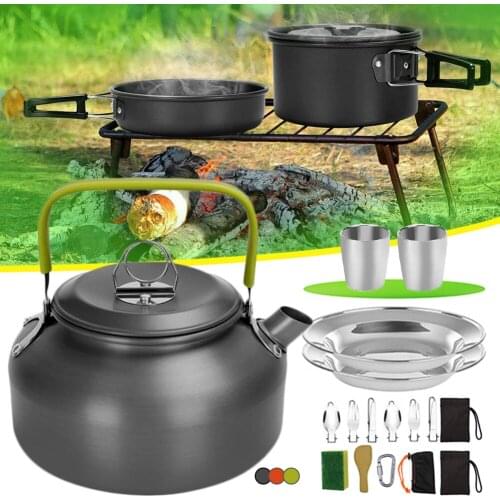 1 Set Outdoor Camping Cookware Kit Portable Aluminum Cooking Pot Pan Kettle Lightweight Cookset Hiking Backpacking with Flatware