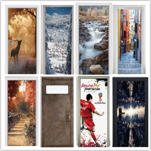77x200cm 3D Forest Landscape Door Sticker Waterproof Soccer Adhesive Mural Decal Home Decor Rusty Door Wallpaper DIY PVC Poster