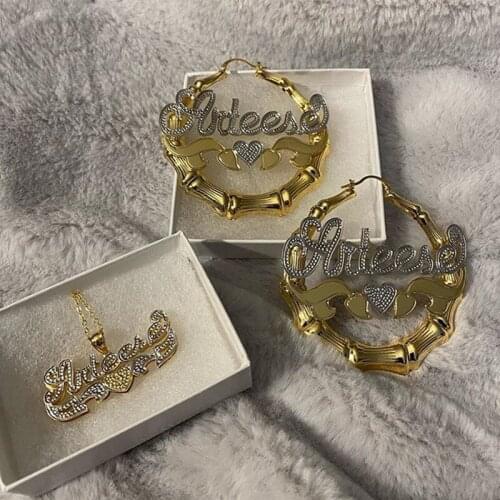 2021 New Gothic Name Earrings Necklace Women Two Color Custom Name Set Personalized Hip-hop Letter Earrings Necklace Gift