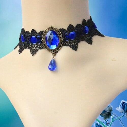 New Palace Retro Handmade Gothic Lace Multi-Color Ribbon Crystal Pendant Short Choker Necklace Women Charm Jewelry