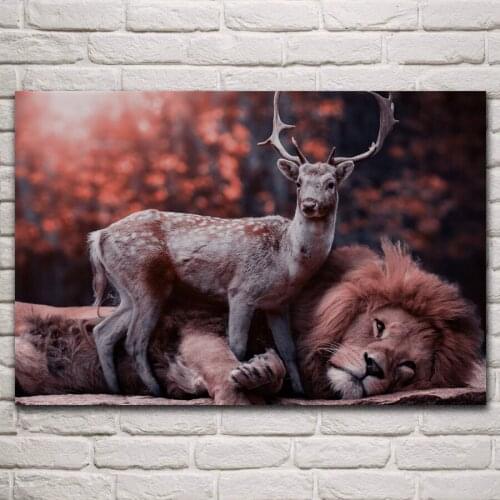 Deer and lion friends wildlife big cats animal fanart living room decoration home wall art decor wood frame fabric posters KM461