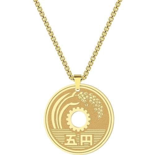 Kinitial Japanese Coin Pendant Necklaces for Women Fashion Good Luck Choker Necklace Gold Silver Color Statement Jewelry Gift