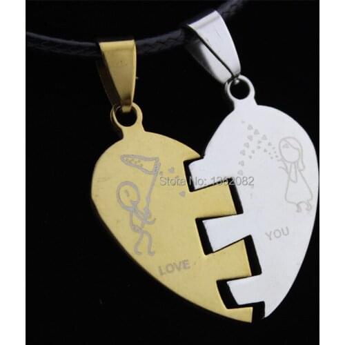 Boy Girls Gold Silver Tone Stainless Steel Puzzle Love Heart Couple Pendants Necklace Valentines Gift MN546