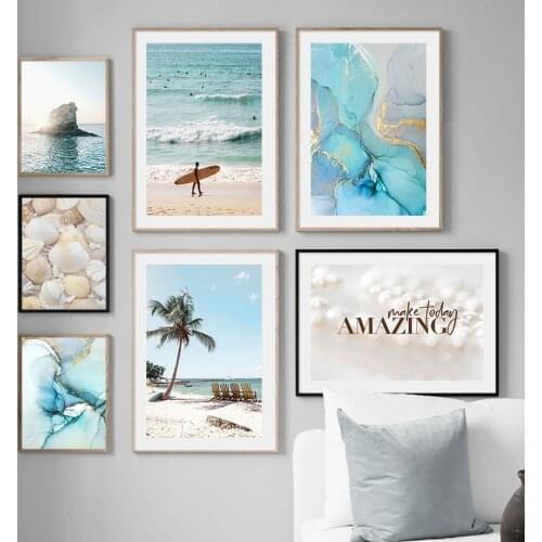 Blue Sea Beach Pearl Shell Flow Color Nordic Poster And Prints Wall Art Canvas Painting Pictures For Living Room Decoration Home
