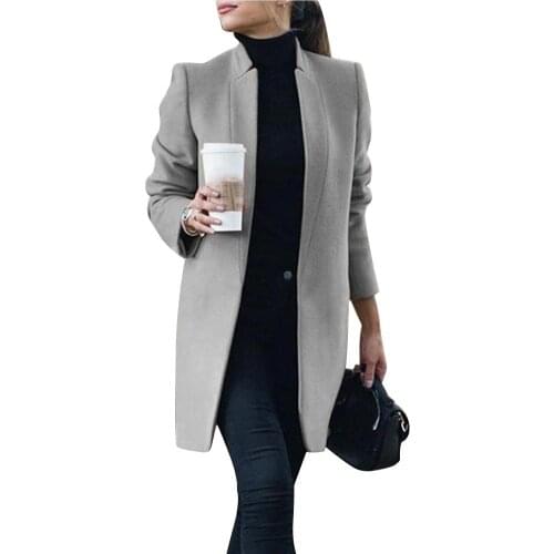 Plus size dress apparel autumn Fashion Women Winter Solid Long Sleeve Jacket Stand-up Collar Faux Wool Coat