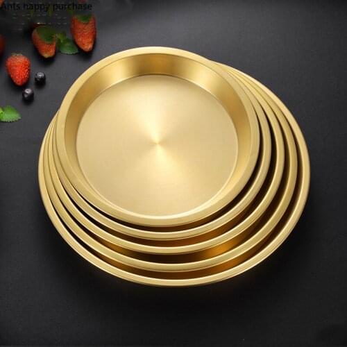 Thicken Brass Round Plate Cake Dessert Metal Plate Fruit Dish Home Steamed Fish Yellow Bronze Kitchen Supplies Dinner Plates