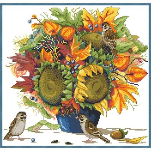 Sunflower and Bird Cross Stitch Pattern Printed Canvas Kits 11CT 14CT Needlework Sets DIY Embroidery Home Decor Paintings Crafts