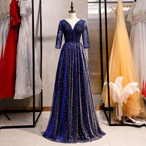 Sexy V-Neck Sequins Half Sleeves Evening Dress Appliques A-Line Floor-Length Backless Pleat Lace Up Party Formal Gown Woman B328