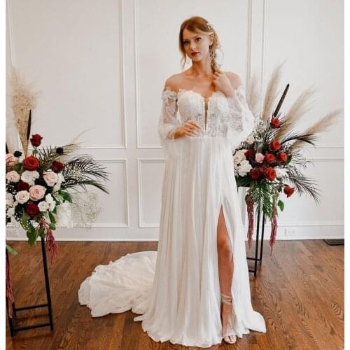 Boho Beach Wedding Dress 2021 Chiffon Slit Off Shoulder Bell Sleeves Long Bohemian Bride Bridal Dresses Gowns Sweep Train Custom