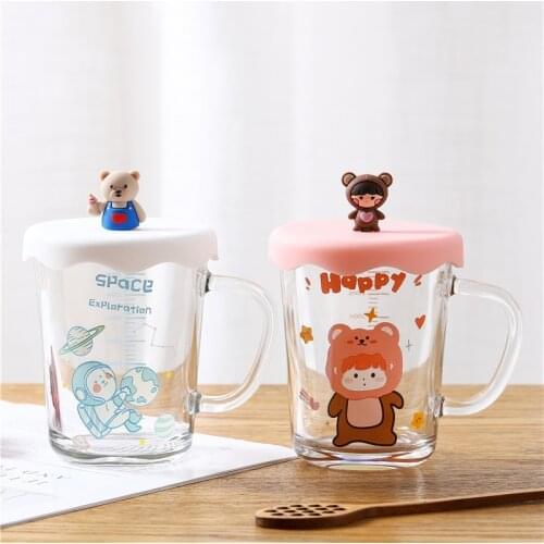 Cute 3D Glass Mug With Lid Heat-resistant Glass Mugs Morning Mug Milk Coffee Tea Breakfast Cup for Gifts Water Bottle Glass