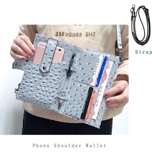 New Arrived Ostrich Leather Cell Phone Bag Embossed Ostrich Phone Wallet Pouch Strap Purse Phone Shoulder Bag