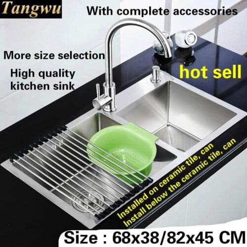 Tangwu Deluxe fashion big kitchen sink manual double - groove 4 mm thick food grade 304 stainless steel 68x38/72x40/82x45 CM