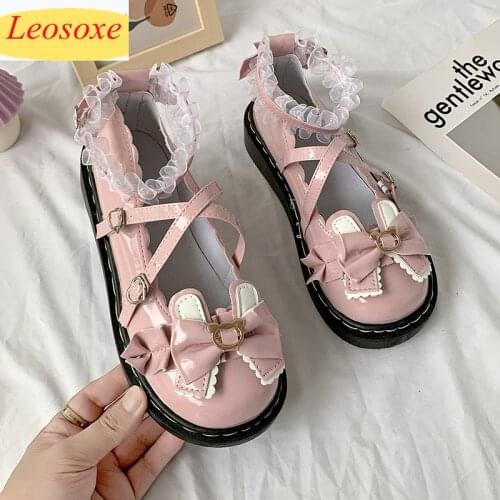 Sweet Lolita Shoes Women Platform Round Head Thick Heel Cross Bandage Woman Shoes Kawaii Shoes Cosplay Mary Jane Shoes Pink