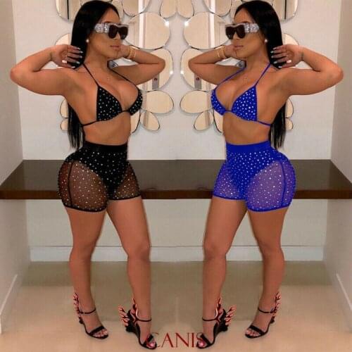 Women Mesh Swimsuit Two Piece Bikini Set Rhinestone Swimwear Bathing Suit Beach