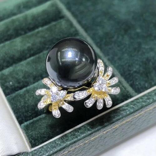 D327 Pearl Rings Fine Jewelry 925 Sterling Silver Natural 13-14mm Fresh Water Black Pearl Females Rings for Women