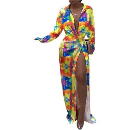 Casual Maxi Dress Sexy Stripe Print High Split Women Elegant Long Sleeve Lapel Mopping Dress for Party