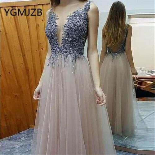 Backless Long Evening Dresses 2020 A-Line V-Neck Glitter Beaded Crystal Tulle Women Formal Prom Gown Party Dress Robe De Soiree
