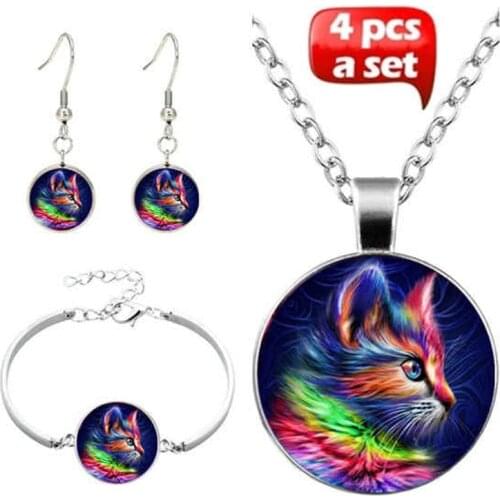 4Pcs/Set New Fashion Handmade Glass Cute Rainbow Painted Tabby Cat Pendant Choker Necklace Bracelet Earrings For Women Jewelry