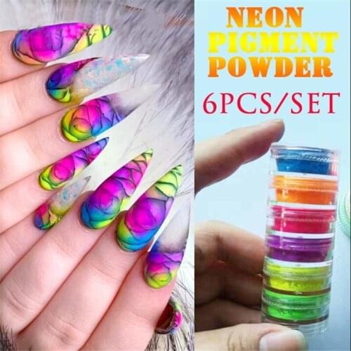 6Pcs/Set Dipping Nail Powder Fluorescence Powder Neon Nail Art Natural Dry Chrome Pigment Glow in UV Light Glittering Nail Kits