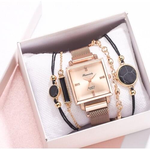 5PCS Watches Women Square Rose Gold Magnetic Wrist Watches Fashion Brand Ladies Watches Female Women Quartz Clock Montre Femme