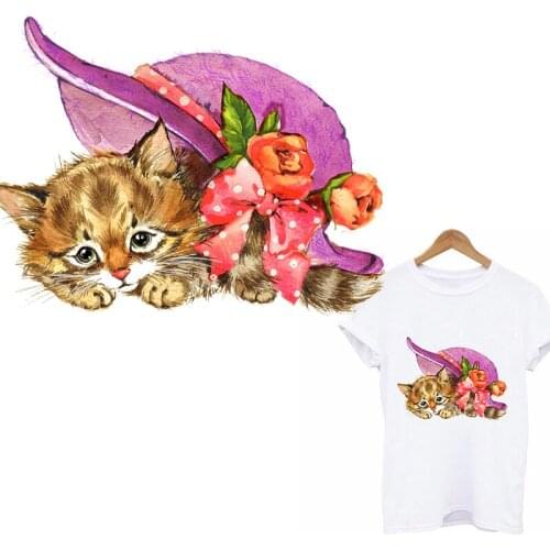 Flower Cat Thermo Stickers On Clothes Animal Heat Transfer Patches For Clothing Retro Style Motif Hippie Ironing Stickers