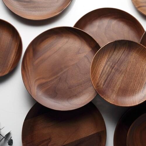 Dia 15cm 20cm Wooden Plate Premium Black Walnut Wooden Tableware Dishes Round Cake Tray Dessert Serving Plate Kitchen Utensils