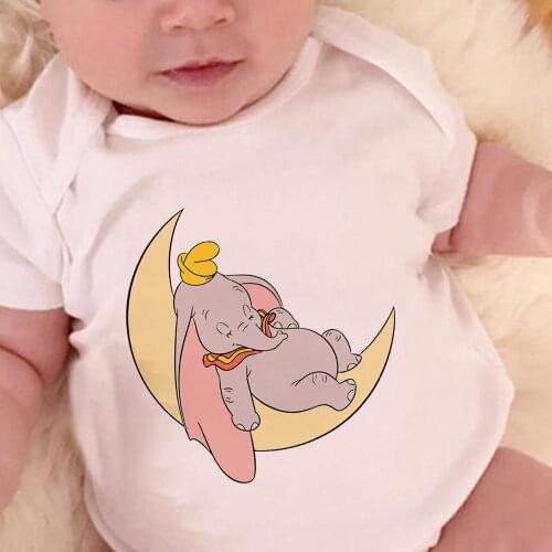 Disney Dumbo Elephant Sleeping on The Moon Funny Print Basic Newborn Clothes Casual Short Sleeve Toddler Bodysuits Baby Romper