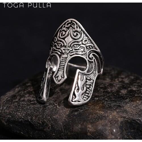 Gothic Punk Ring Mens Stainless Steel Spartan Mask Helmet Ring Male Viking Warrior Helemt Rings Nordic Totem Amulet Jewelry