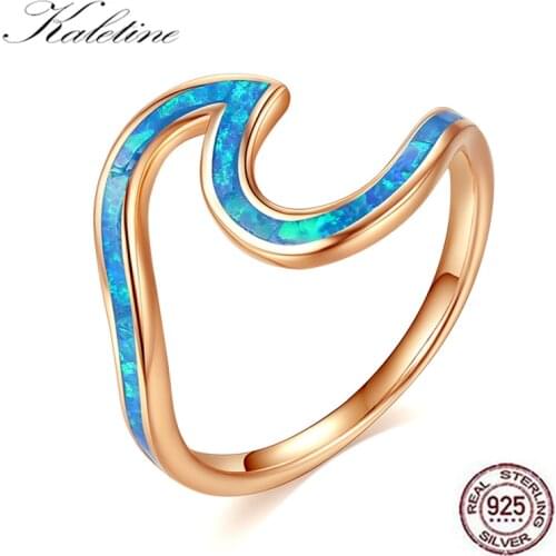 Kaletine 100% 925 Sterling Silver Wave Rings For Women Men Blue Fire Opal Ring Female Rainbow Birthstone Fine Jewelry