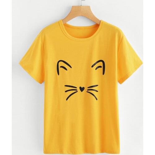 Cat Ear Prints T Shirt Women 2021 Ladies Smile Printing Summer Tops Woman Harajuku Tops Cute Short Sleeve T Shirt For Girls