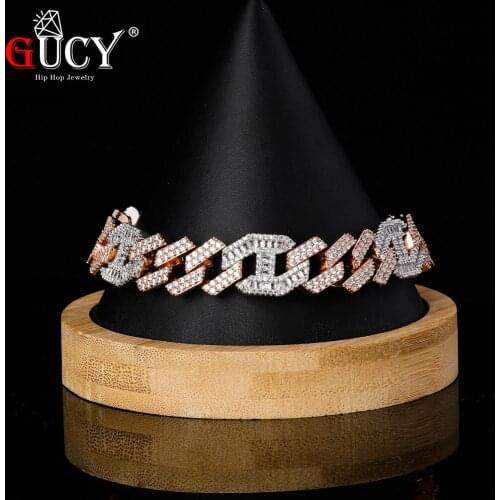 GUCY Miami Prong Set Cuban Chains Bracelet For Men Gold Silver Color Hip Hop Iced Out Paved Bling CZ Rapper Bracelet Jewelry