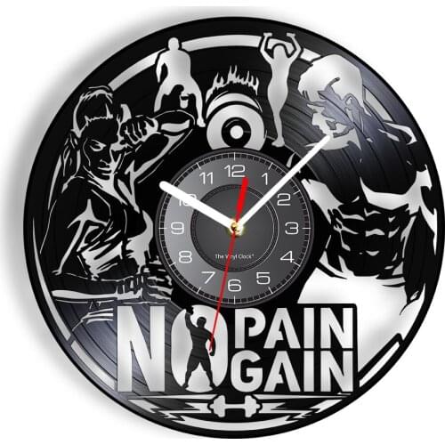 No Pain No Gain Bodybuilding Vinyl LP Record Wall Clock Fitness Home Gymnasium Decor Weightlifting Workout Silent Man Gift