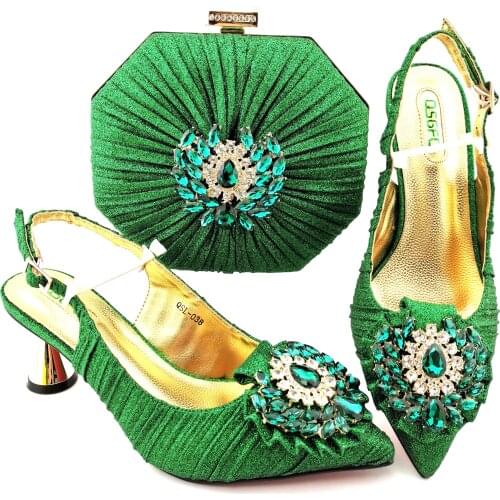 2020 New Arrival Hot Selling Italian Design Fashion Crystal Style Ladies Shoes and Bag Set in Teal Color for Party