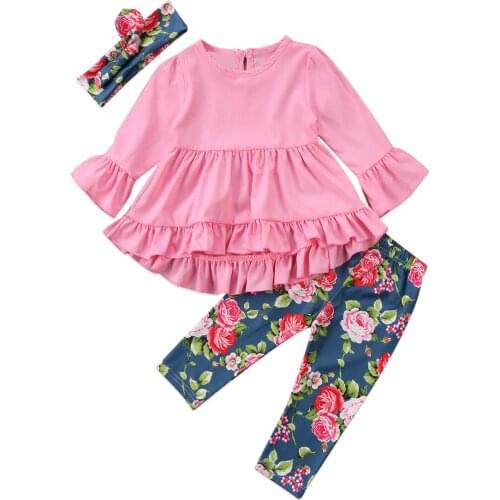 Citgeett Newborn Infant Baby Girl Pink Floral Flower Lace Falbala Ruffle Dress Headband Long Pants Outfits 2-7Y
