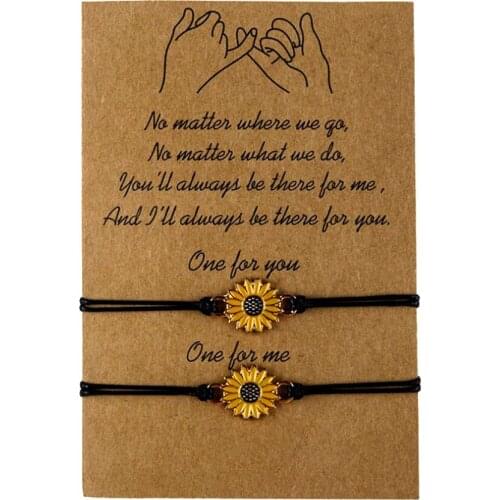 Simple Fashion Alloy Sunflower Daisy Charm Bracelets Black Wax Rope Weave Friendship Card Bracelet for Women Hand Jewelry