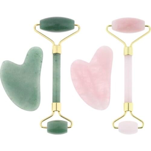 Rose Quartz Roller Slimming Face Massager Lifting Tool Natural Jade Facial Massage Roller Stone Skin Massage Beauty Care Set Box